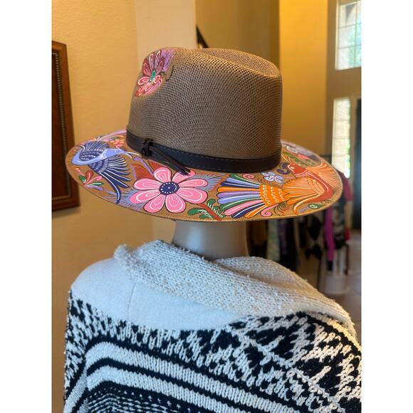 BOHO Hand Painted Artesian Mexican Straw Fedora Hat Floral Birds Artsy SZ Large - Picture 12 of 16